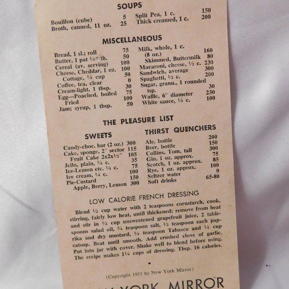 New York Mirrors Calorie Food Beverage Chart 1953 - Picture 2 of 3